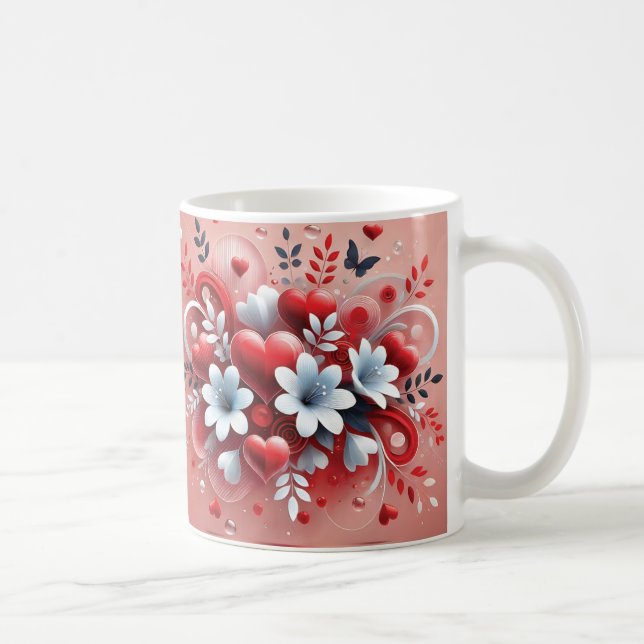Rotes Herz Weiße Blume Schmetterling Valentinstag Kaffeetasse (Rechts)