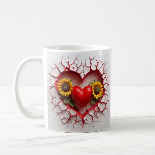 Rotes Herzdesign mit gelben Sonnenblumen und Risse Kaffeetasse (Links)