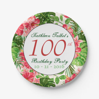 Rotes Hibiskus-100. Geburtstags-Party-Papierplatte Pappteller