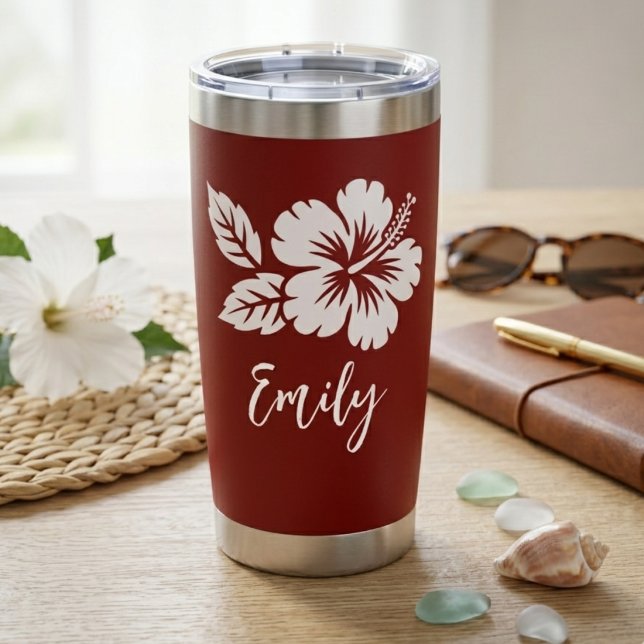Rotes Hibiskus-Tropisches Schriftname-Design Thermobecher (Von Creator hochgeladen)