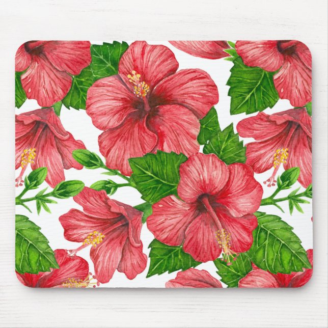 Rotes Hibiskus-Wasserfarbenmuster Mousepad (Vorne)