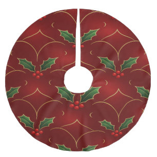 Rotes Holly-Muster – Eleganter Weihnachtsstil Polyester Weihnachtsbaumdecke
