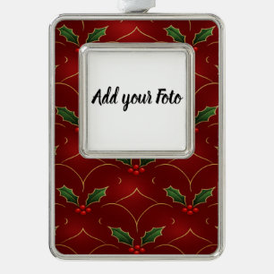 Rotes Holly-Muster – Eleganter Weihnachtsstil Rahmen-Ornament Silber