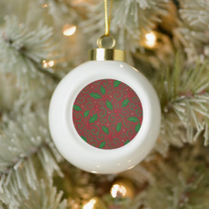 Rotes Holly-Swirbelmuster – Festliches Weihnachten Keramik Kugel-Ornament
