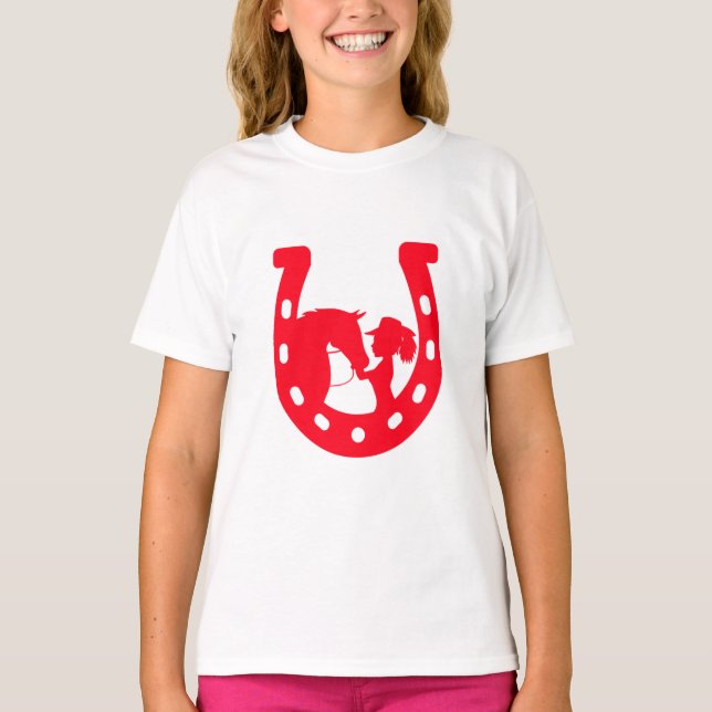 Rotes Horseshoe Mädchen und Pferde T-Shirt (Vorderseite)