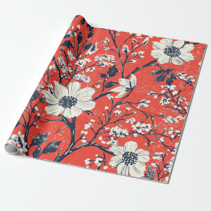 Rotes Indigo-Folk-Winter-Blumen-Schneemuster Geschenkpapier