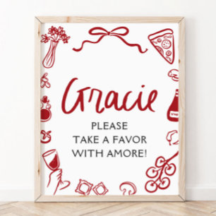 Rotes italienisches handgezeichnetes Pizza-Pasta-G Poster