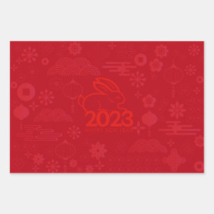 Rotes Kaninchen 2023 Neujahr Geschenkpapier Set