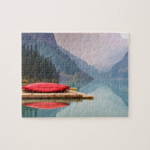 Rotes Kanu auf ruhiger Mountainsee-Wildniskunst Puzzle
