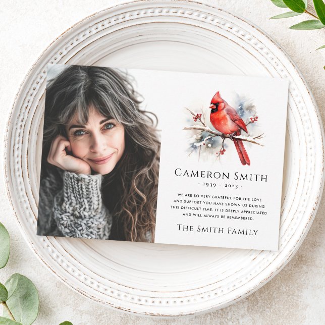 Rotes Kardinal Beerdigung Beileid Foto Dankeskarte (Red watercolor cardinal funeral sympathy photo thank you card)