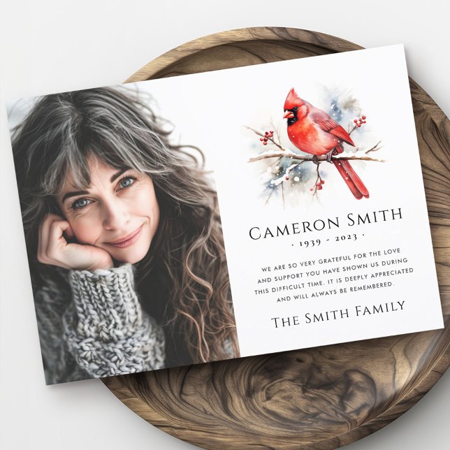 Rotes Kardinal Beerdigung Beileid Foto Dankeskarte (Red watercolor cardinal funeral sympathy photo thank you card)