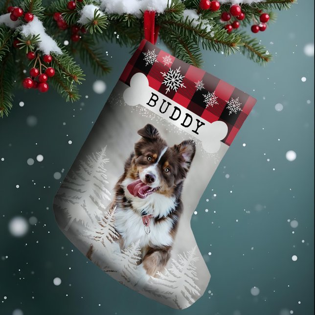 Rotes Kariert Rustikales Pinienbäume Knochen Foto Kleiner Weihnachtsstrumpf (Red Plaid Rustic Pine Trees Dog Bone Pet Photo Small Christmas Stocking)