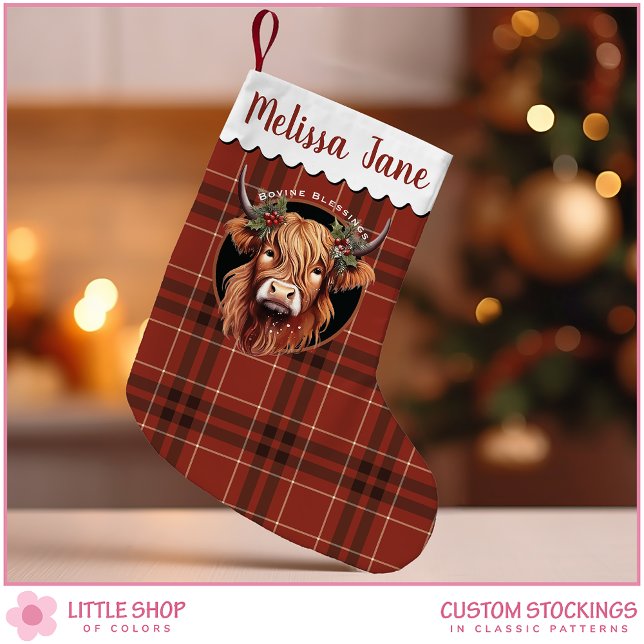 Rotes Kariertes Highland Cow Monogramm Kleiner Weihnachtsstrumpf (Von Creator hochgeladen)