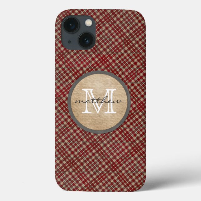 Rotes kariertes Hintergrundmonogramm Case-Mate iPhone Hülle (Rückseite)