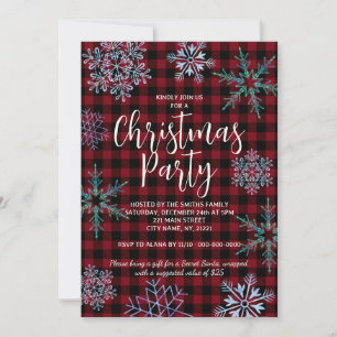 Rotes Kariertes Schneeflocken Weihnachts-Party Einladung