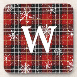 Rotes Kariertes Tartan-Snowflake-Monogramm Getränkeuntersetzer