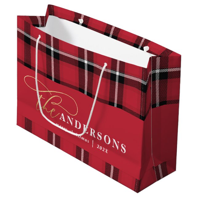 Rotes kariertes Tartan Weihnachten Große Geschenktüte (Vorderseite Schrägansicht)
