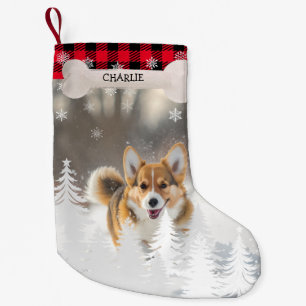 Rotes Kariertes Weihnachtskiefernbäume Knochenhund Kleiner Weihnachtsstrumpf