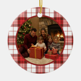 Rotes Karo-Familien-Weihnachten Keramik Ornament