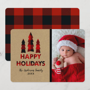 Rotes Karo Frohe Feiertage Weihnachtsbäume Kraft Einladung