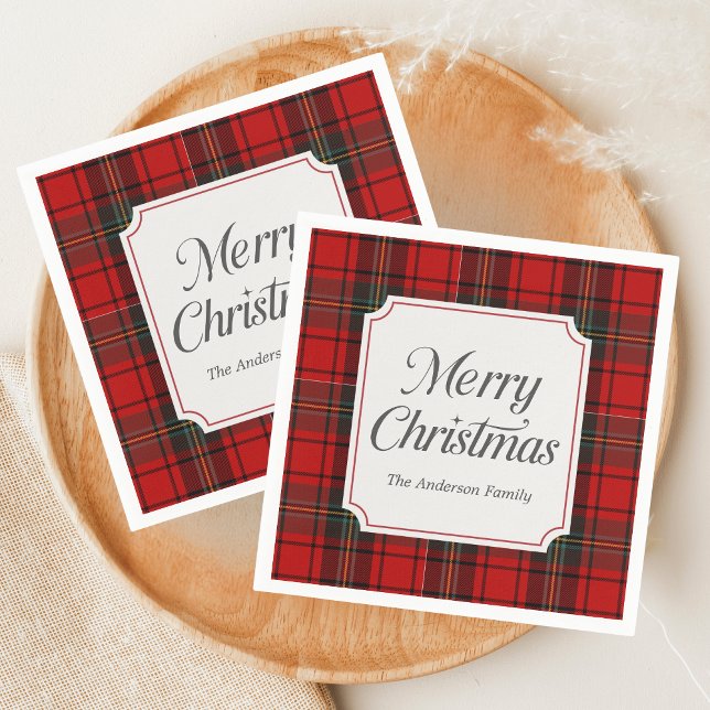 Rotes Karo Frohe Weihnachten Serviette (Red Plaid Modern Merry Christmas Holiday Napkin)