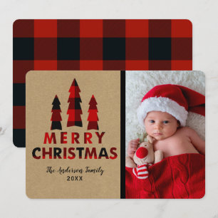 Rotes Karo Frohe Weihnachtsbäume Kraft Feiertag Einladung