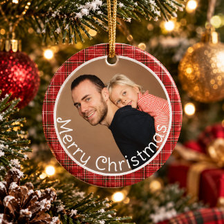 Rotes Karo-Gingham-Familienfoto Frohe Weihnachten Keramik Ornament