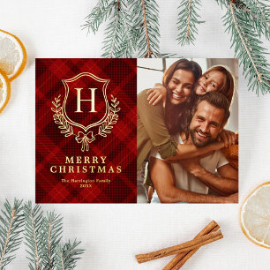 Rotes Karo-Monogramm-Foto-Weihnachten Folien Feiertagskarte