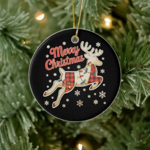 Rotes Karo-Rentier-Buffalo-Frohe-Weihnachten-Pyjam Keramik Ornament