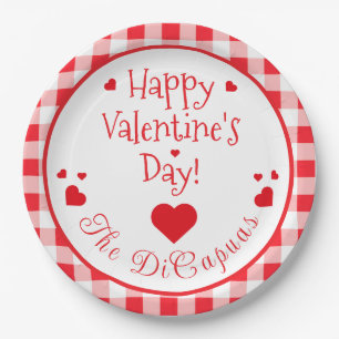 Rotes Karo Rote Herzen Whimsicaler Valentinstag Pappteller