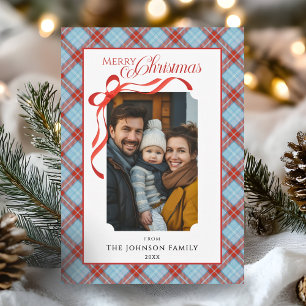 Rotes Karo-Schleifen-Familien-Weihnachtsfoto Feiertagskarte