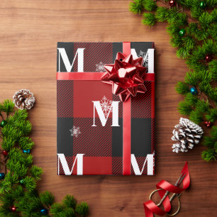Rotes Karo & Schneeflocken Monogramm Anfangsbuchst Geschenkpapier