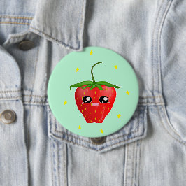 Rotes Kawaii Erdbeerobst auf blau Button