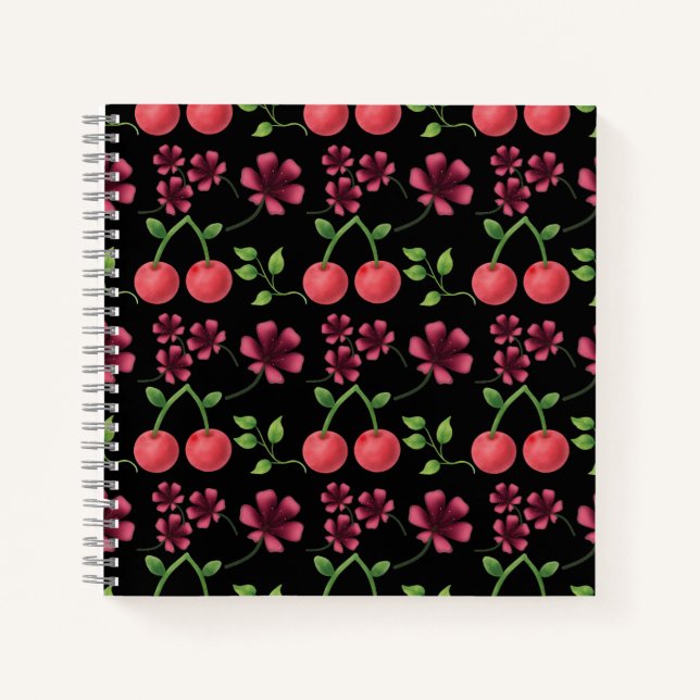 Rotes Kirsch-Blumenmuster  Notizbuch (Vorderseite)
