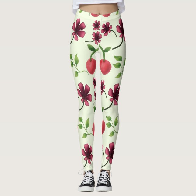 Rotes Kirschblütenmuster  Leggings (Vorderseite)