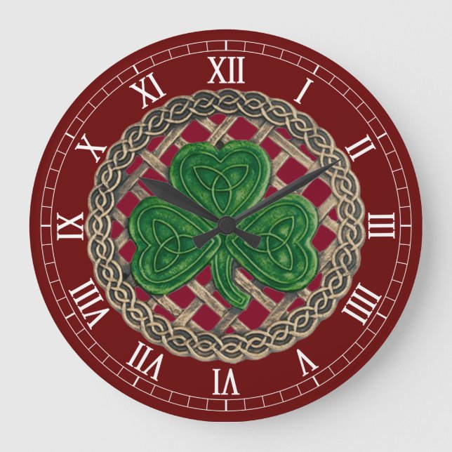 Rotes Kleeblatt und keltische Knochen römische Zah Große Wanduhr (Vorderseite)