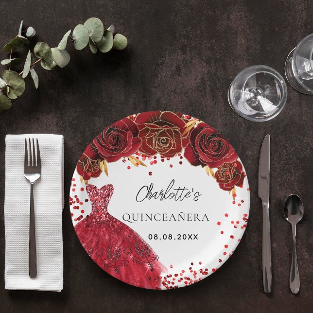 Rotes Kleid aus Quinceanera Blume weiß Pappteller (Von Creator hochgeladen)