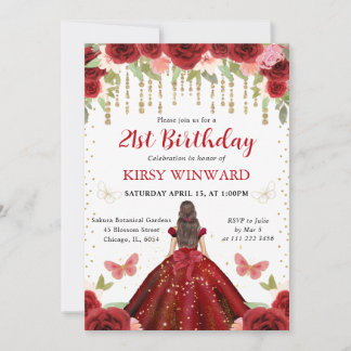 Rotes Kleid Brünett Hair Prinzessin 21. Geburtstag Einladung