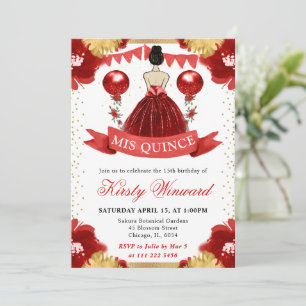 Rotes Kleid Brünette Prinzessin Quinceanera Einladung