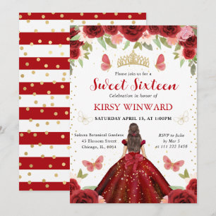 Rotes Kleid Brünette Prinzessin Sweet 16 Einladung