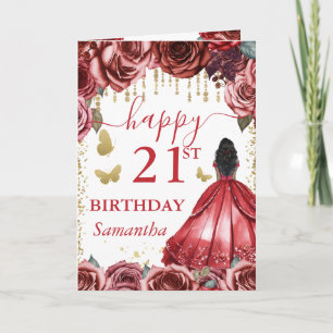 Rotes Kleid Dunkle Haut Prinzessin Geburtstag Karte