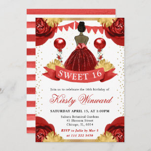 Rotes Kleid, dunkle Hautprinzessin Sweet 16 Einladung