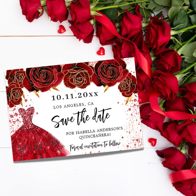 Rotes Kleid Quinceanera Blumen weiß glamourös Save The Date (Von Creator hochgeladen)