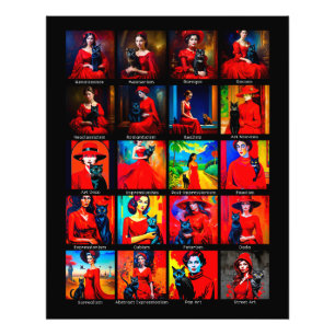 Rotes Kleid Schwarze Katze Kunstbewegungen Fotodruck