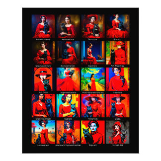 Rotes Kleid Schwarze Katze Kunstbewegungen Fotodruck