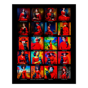 Rotes Kleid Schwarze Katze Kunstbewegungen Poster