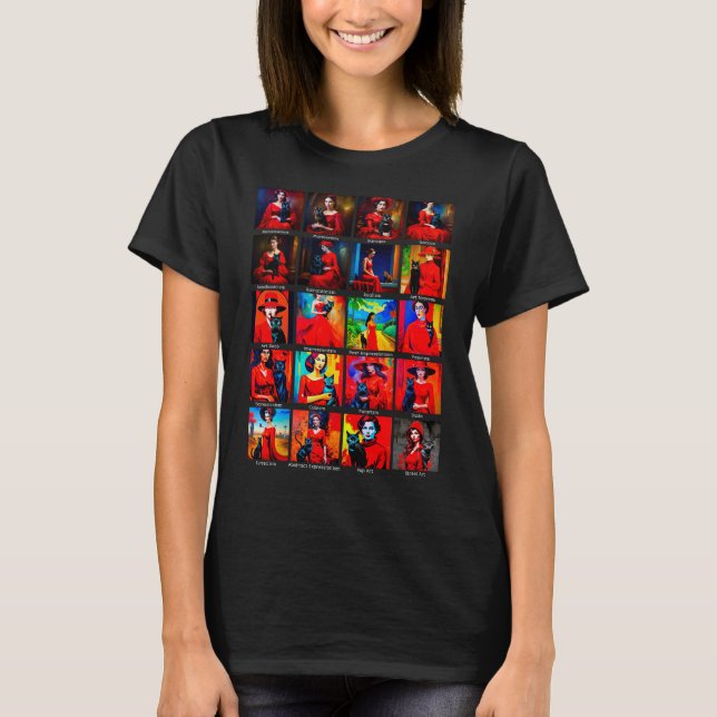 Rotes Kleid Schwarze Katze Kunstbewegungen T-Shirt (Vorderseite)