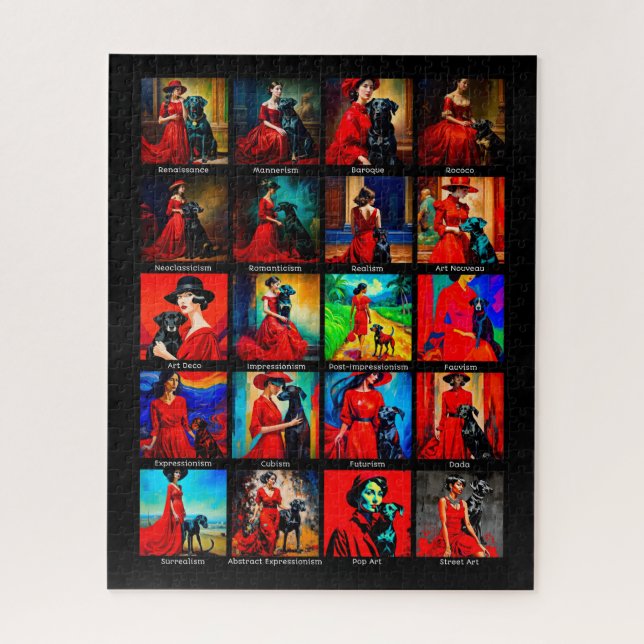 Rotes Kleid Schwarzer Hund Kunstbewegungen Puzzle (Vertikal)