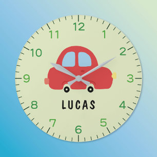 Rotes kleines Auto personalisierte Kinderwanduhr Große Wanduhr