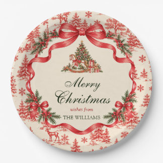 Rotes Koketten-Bogen-Schrift-Weihnachtsbaum-Party Pappteller